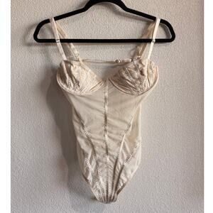 OW Collection Beige Rhinestone Corset Bodysuit Top - Medium
